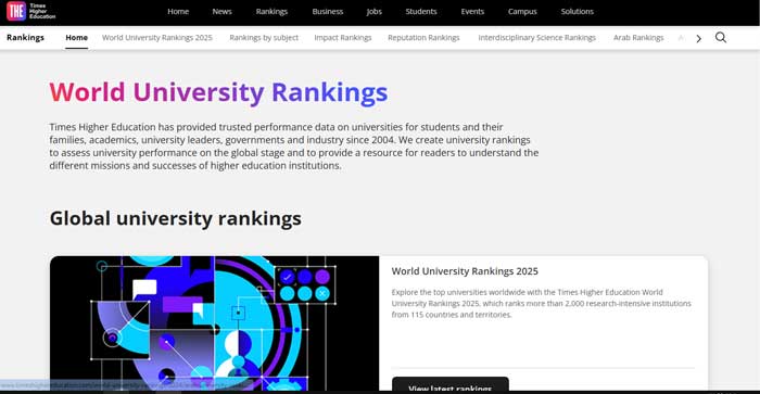 دانشگاه Times Higher Education (THE) World University Rankings تایم هایر اجوکیشن